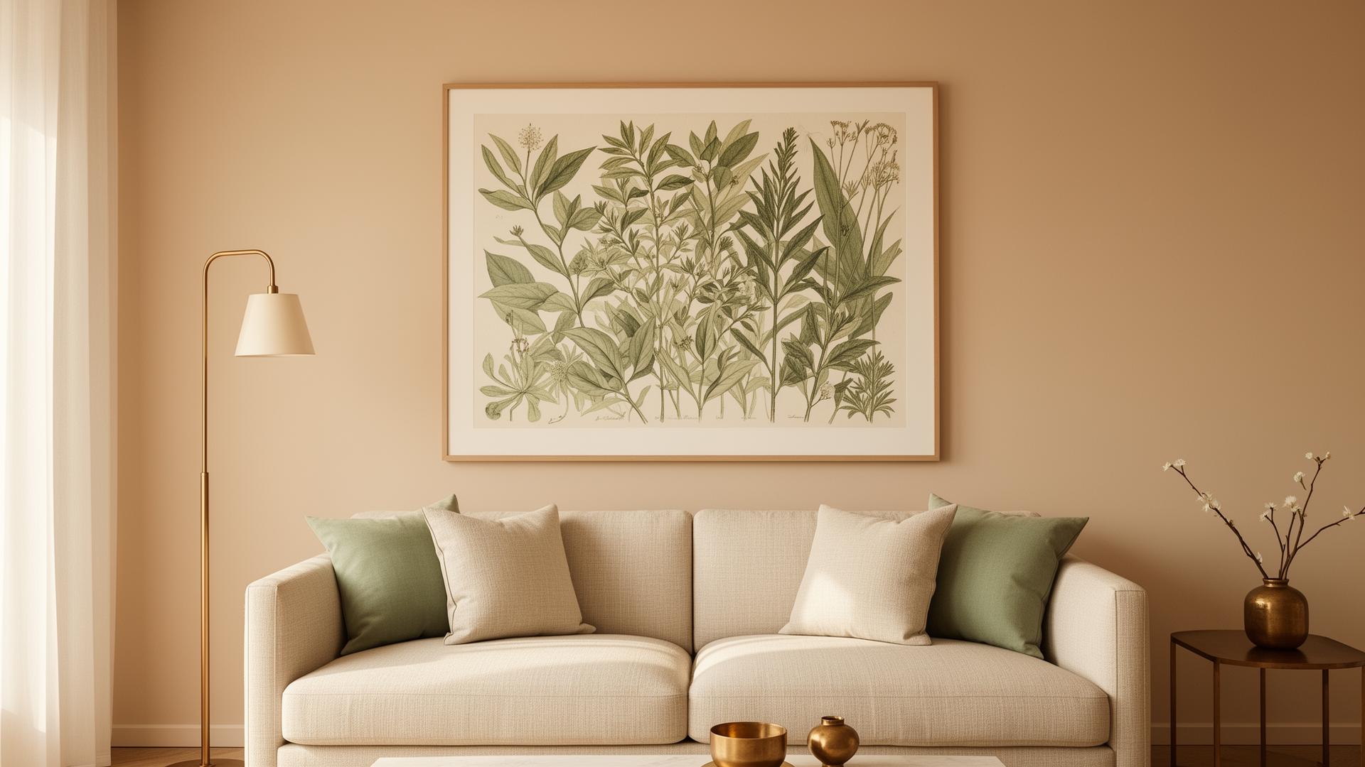 Custom-printed botanical wall art in a modern living room